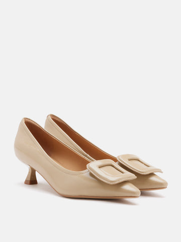 PAZZION, Orelia Square Buckle Pointed Toe Pumps, Almond